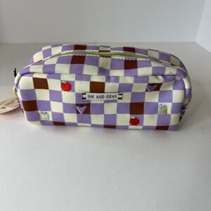 Papier Berry Pencil Case Purple Check Ink & Ideas 4 x 9" NWT